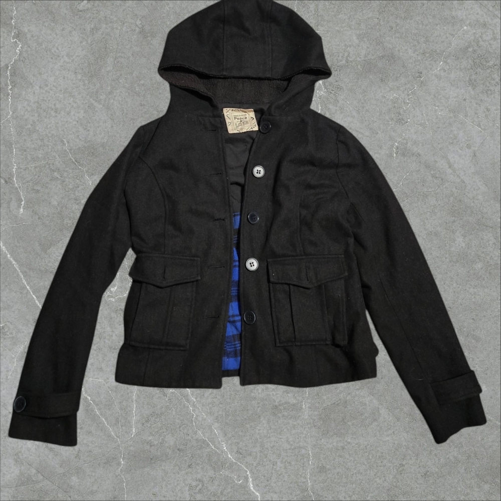 Black & Blue Wool Hooded Peacoat